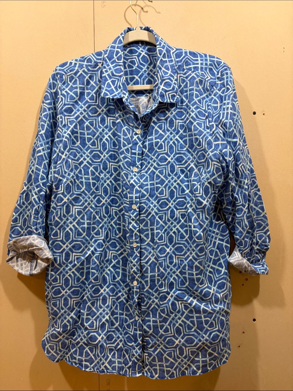 J. McLaughlin Blue Patterned Linen Button Down Shirt Size XL